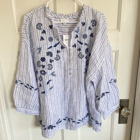 J. Jill Tops - NWT J. Jill blue & white floral embroidered striped tunic blouse size xl